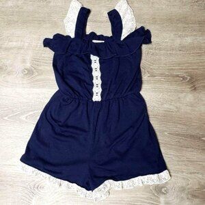 Jenna & Jessie navy blue Girls Sz 5 Sleeveless Lace Trim Romper Ruffled Neckline
